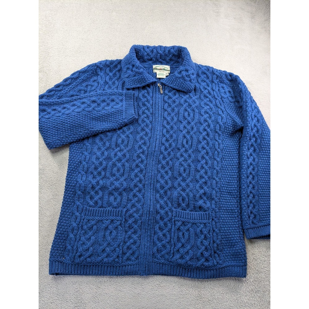 Aran Crafts Ireland 100% Merino Wool Full Zip Cable Knit Cardigan Blue XL